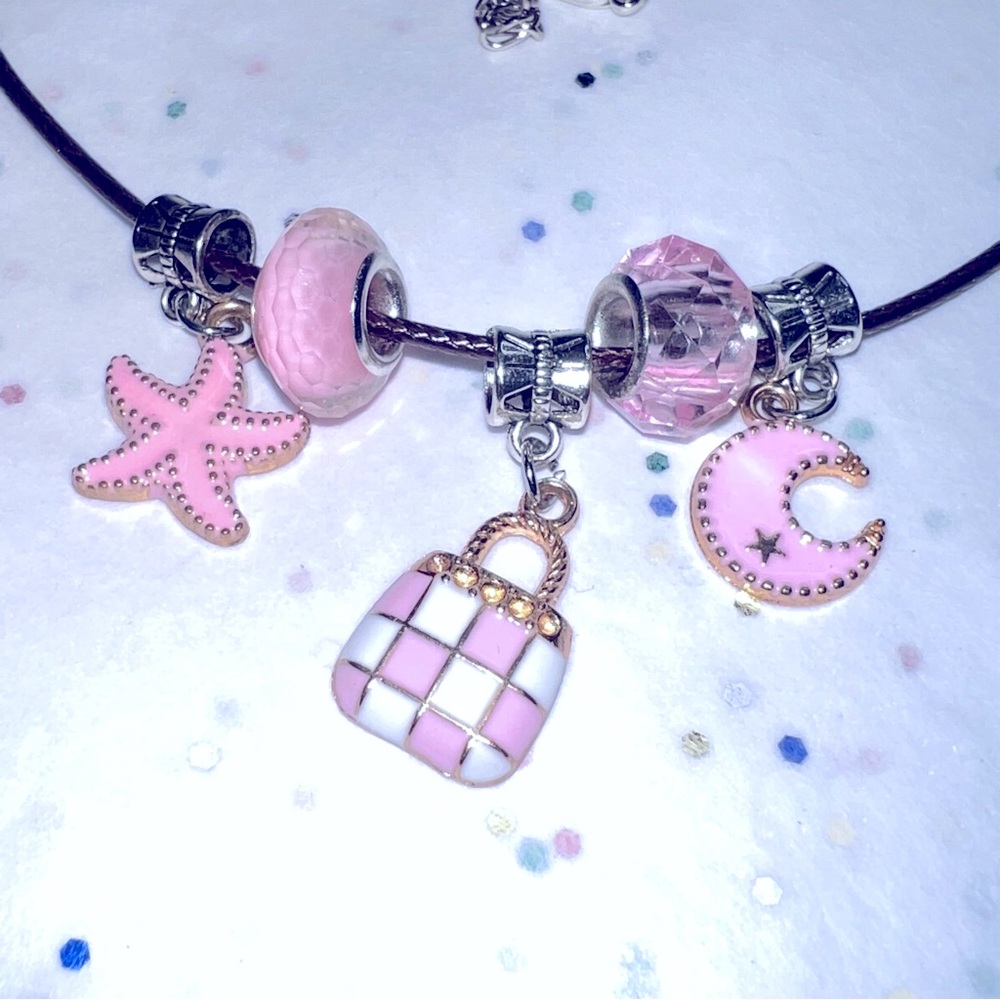 NEW PINK CUTE SUNSET ON THE BEACH CHARM NECKLACE KIDS STARFISH PURSE WAX MOON